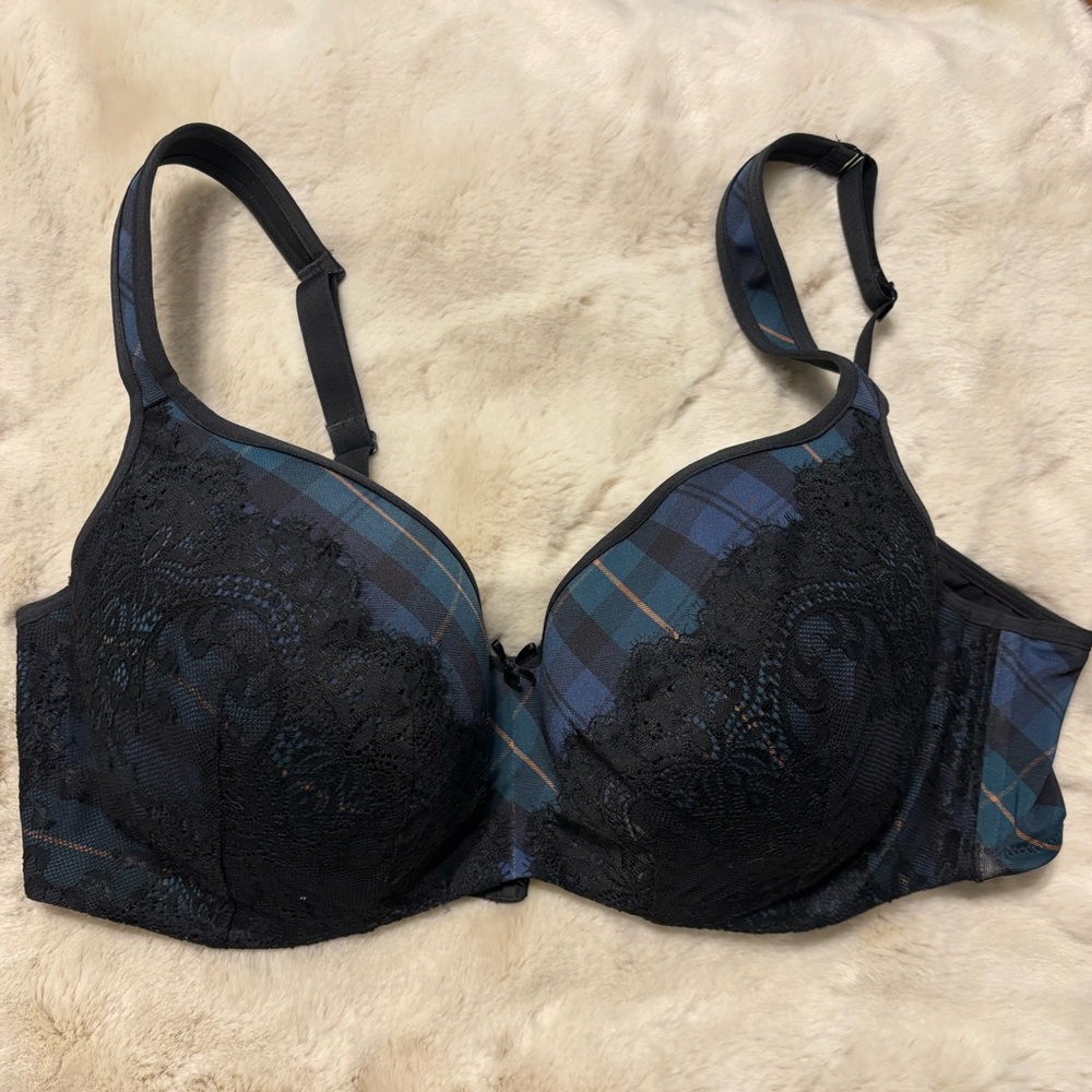 Cacique 42D Plaid Lace Bra – Blue/Green Tartan with Black Lace Overlay - Picture 3 of 8